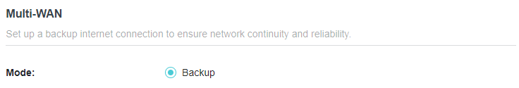 A screenshot of a network device's 'Multi-WAN' configuration webpage. The page describes setting up a backup internet connection for continuity and shows the "Mode:" is currently set to Backup.