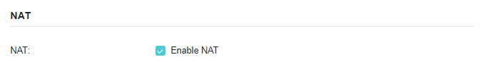 A screenshot of a configuration webpage section for Network Address Translation (NAT) settings. The page shows a checkbox option to 'Enable NAT' that is currently selected.