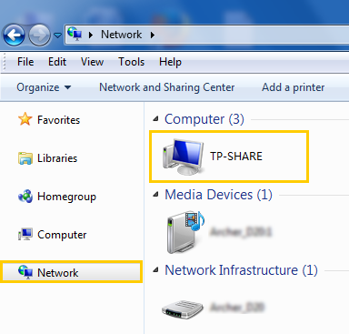 A screenshot of the Windows 7 operating system's Network window, displaying the Network and Sharing Center view. It lists network categories including "Computer (3)" with the device "TP-SHARE" highlighted, "Media Devices (1)", and "Network Infrastructure (1)". The "Network" option in the left sidebar is also highlighted in yellow.