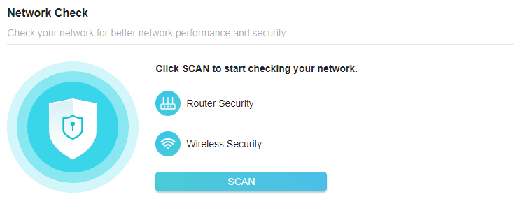 A screenshot of a network utility page titled "Network Check," which features a shield icon graphic and prompts the user to "Click SCAN to start checking your network" for both "Router Security" and "Wireless Security".