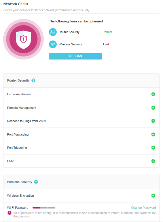 A screenshot of a router utility page titled "Network Check," displaying security scan results. The summary shows "Router Security" is "Perfect" and "Wireless Security" has "1 risk". The page details include a warning that the "Wi-Fi password is not strong" and suggests using a combination of letters, numbers, and symbols.