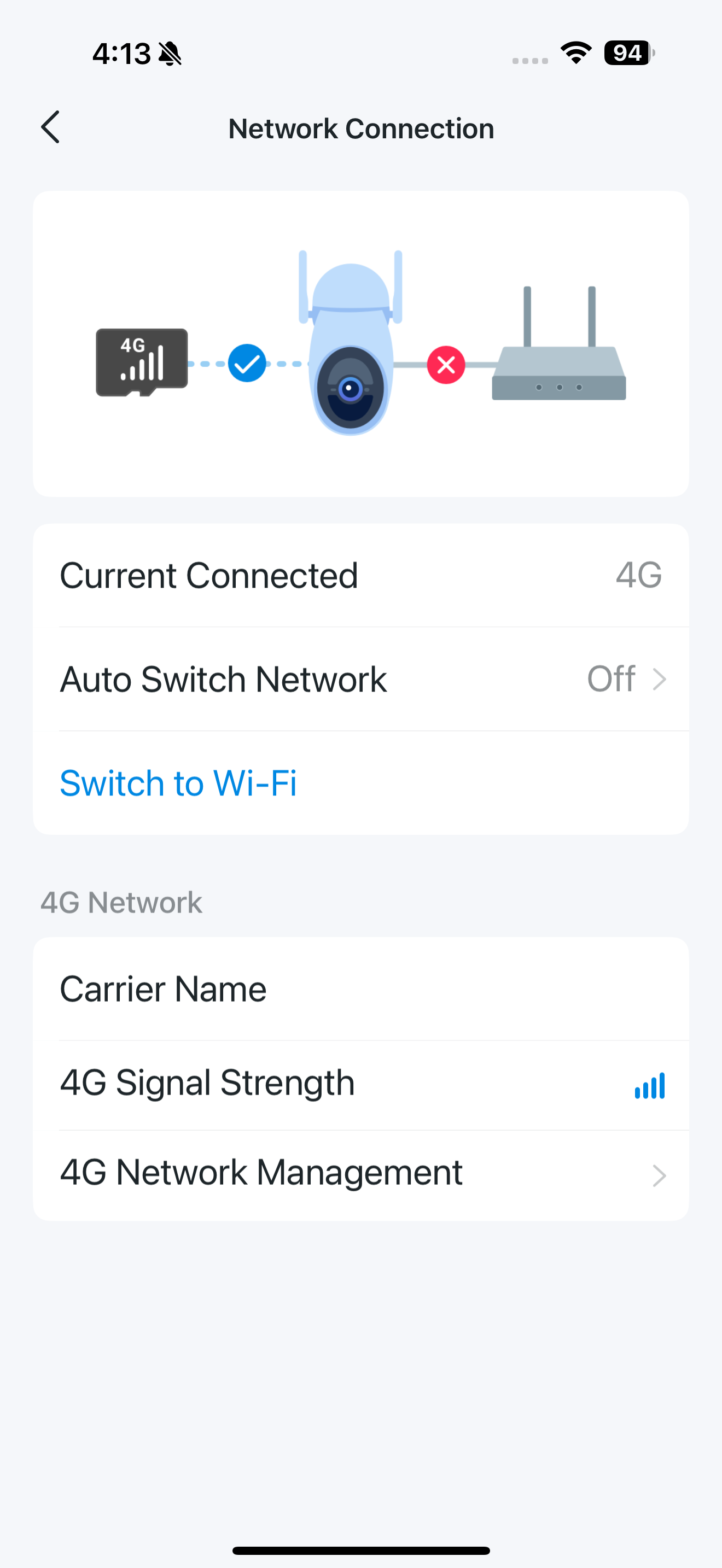 Network Connection 4G page in the app