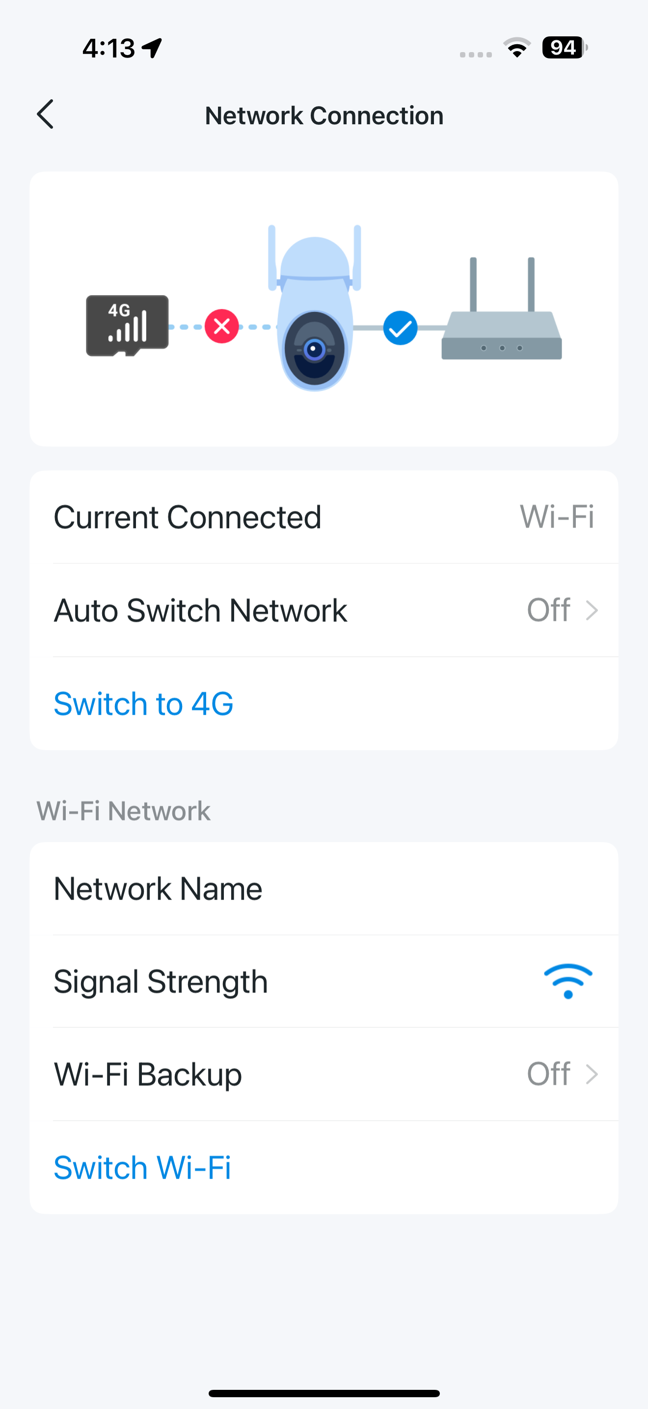 Network Connection Wi-Fi page in the app