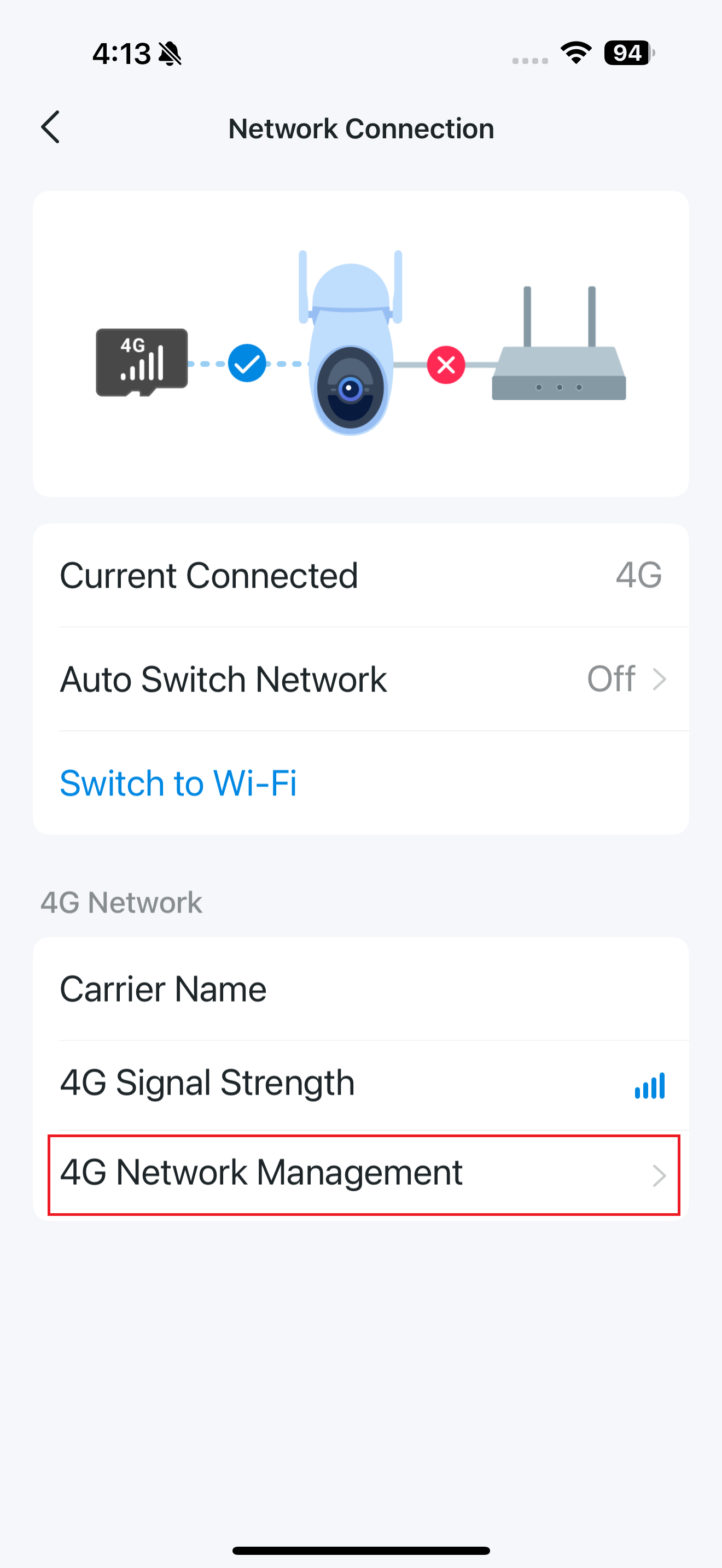 4G Network Management page in the app