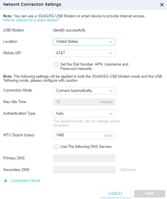 A screenshot of a network device's 'Network Connection Settings' webpage for a USB Modem connection. The page shows the modem was successfully identified in the United States with AT&T as the Mobile ISP, configured for automatic connection with default settings including an MTU size of 1480 bytes.
