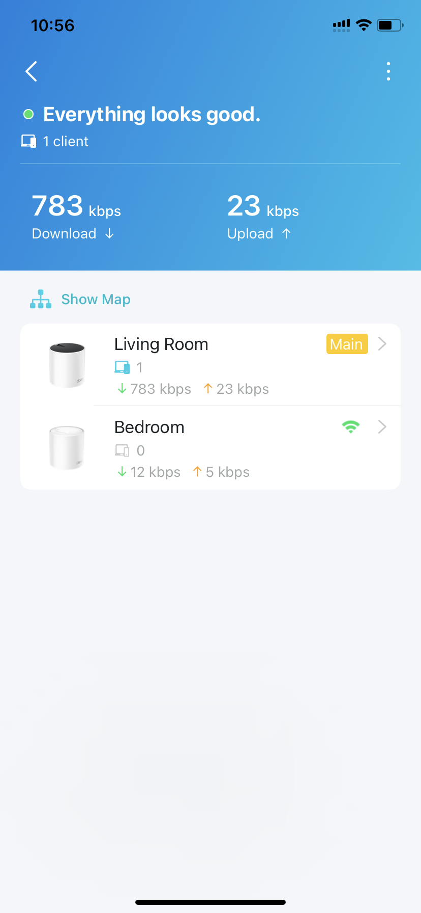 network details displaying network status, connected Deco devices and clients, and more
