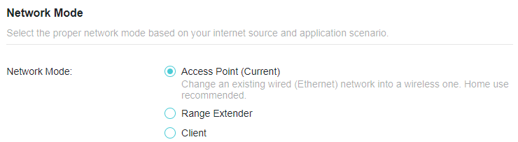 A screenshot of a network configuration interface titled "Network Mode," displaying three options: Access Point (currently selected), Range Extender, and Client. The description for the Access Point option explains that it changes an existing wired network into a wireless one, recommended for home use.