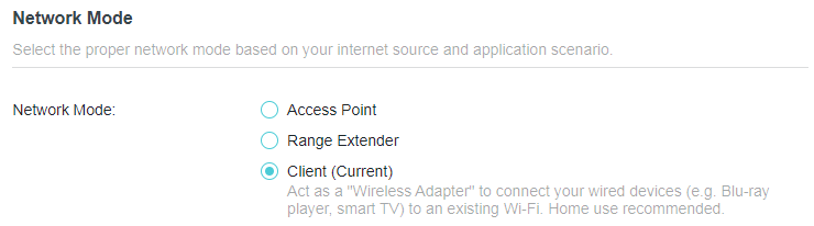A screenshot of a network configuration interface titled "Network Mode," displaying three options for operation modes: Access Point, Range Extender, and Client. The Client (Current) option is selected, with a description explaining it acts as a "Wireless Adapter" for wired devices like a Blu-ray player or smart TV.