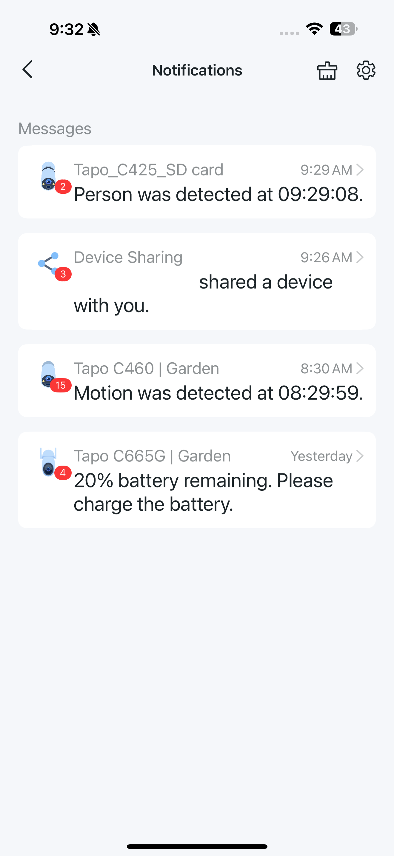 The Notifications details page in the app