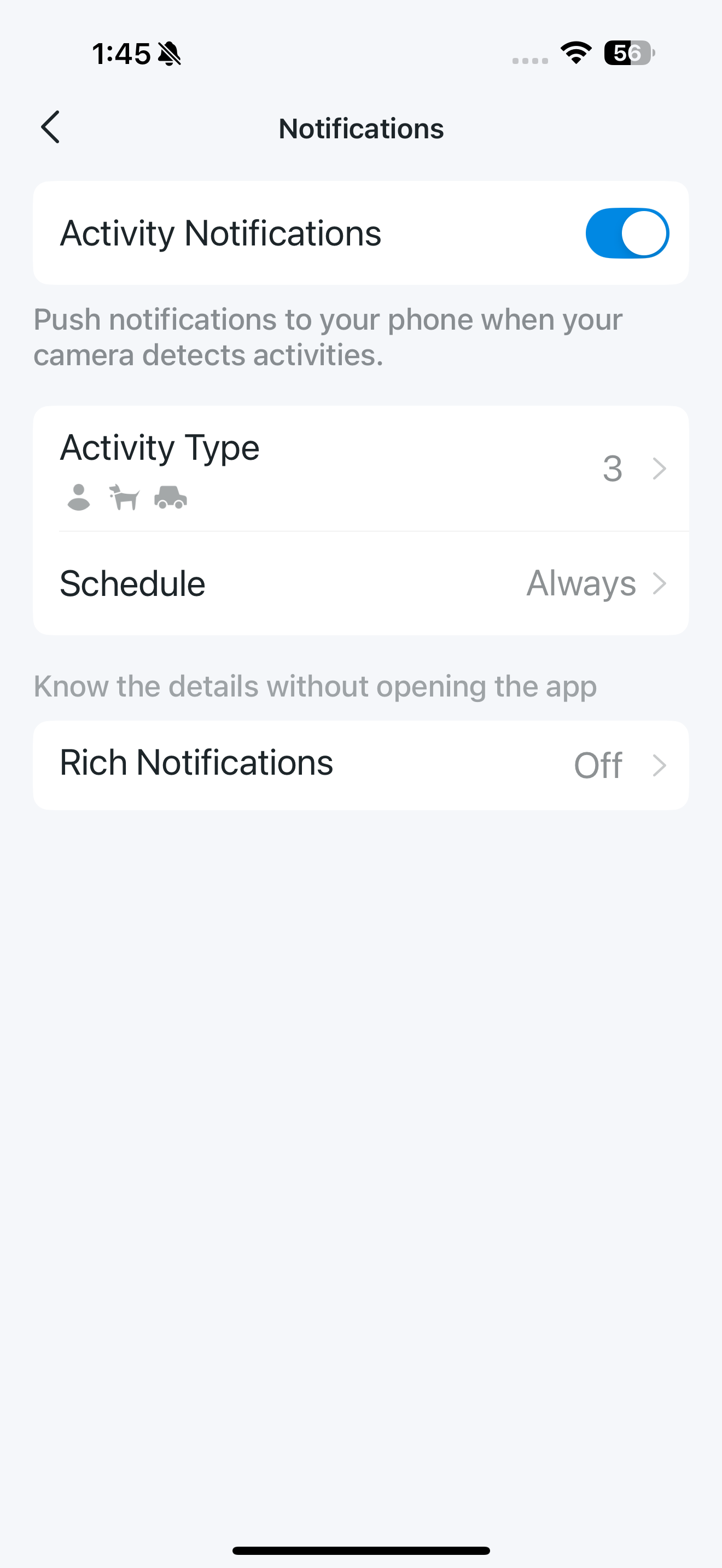 Notifications page in the app