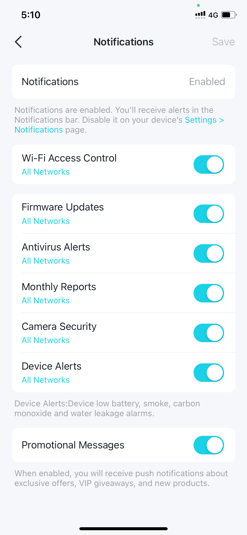 Notifications settings page