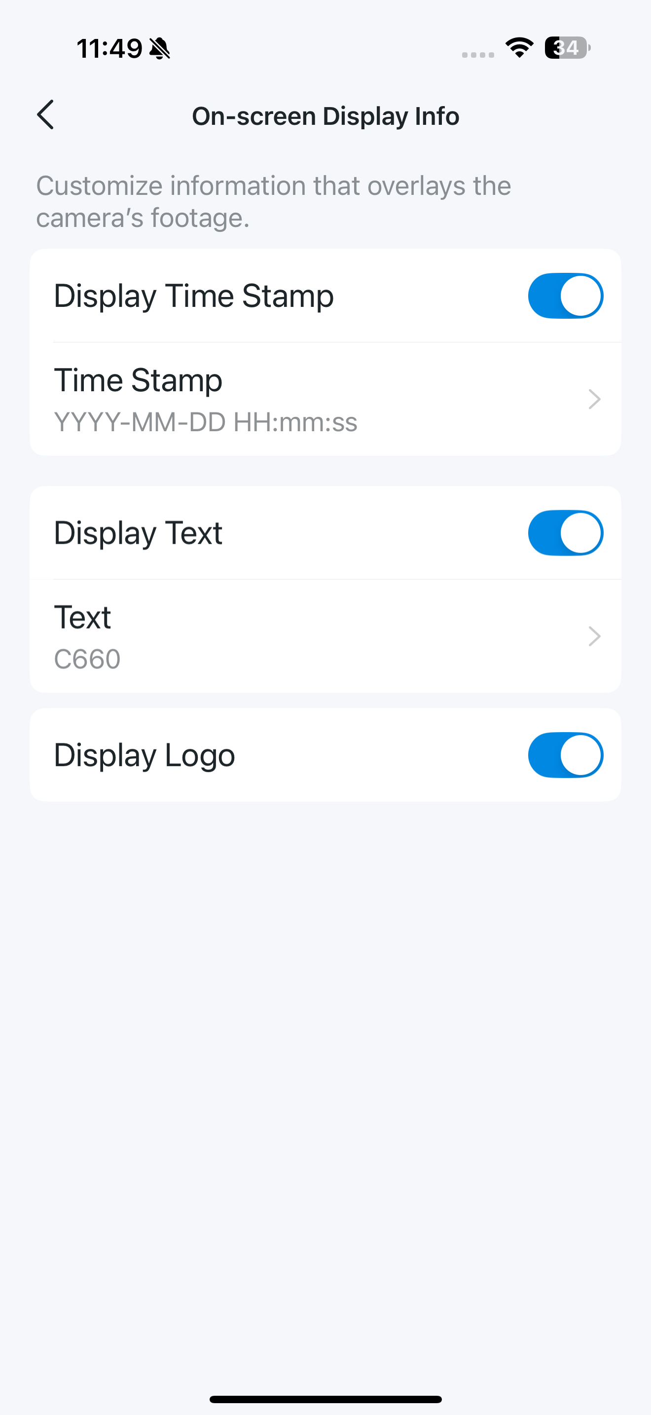 On-Screen Display Info page in the app