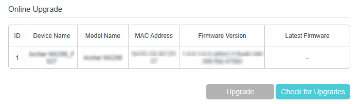 Online upgrade section, showing current version and a Check for Upgrade button on the right side.