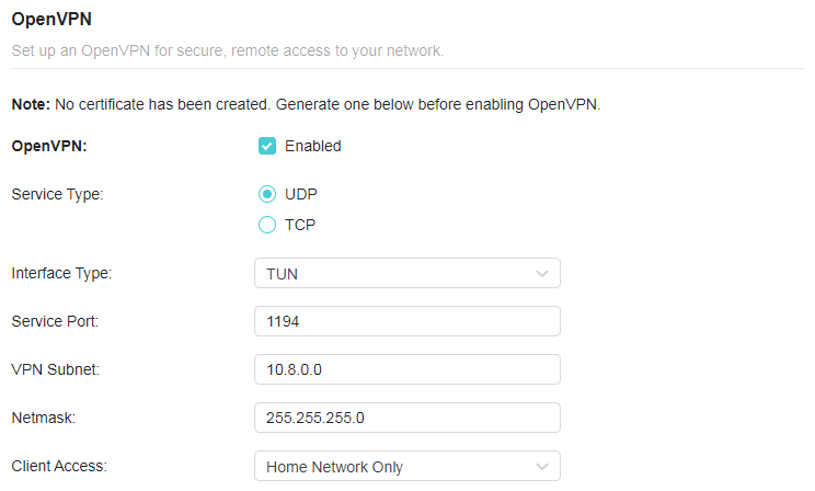 A screenshot of a network router configuration page for OpenVPN settings. The page shows that OpenVPN is enabled with the Service Type set to UDP, Interface Type as TUN, Service Port 1194, VPN Subnet 10.8.0.0, Netmask 255.255.255.0, and Client Access restricted to "Home Network Only".
