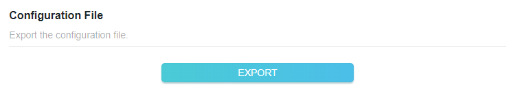 A screenshot of a router configuration page titled "Configuration File," with descriptive text saying "Export the configuration file." and a prominent blue "EXPORT" button.