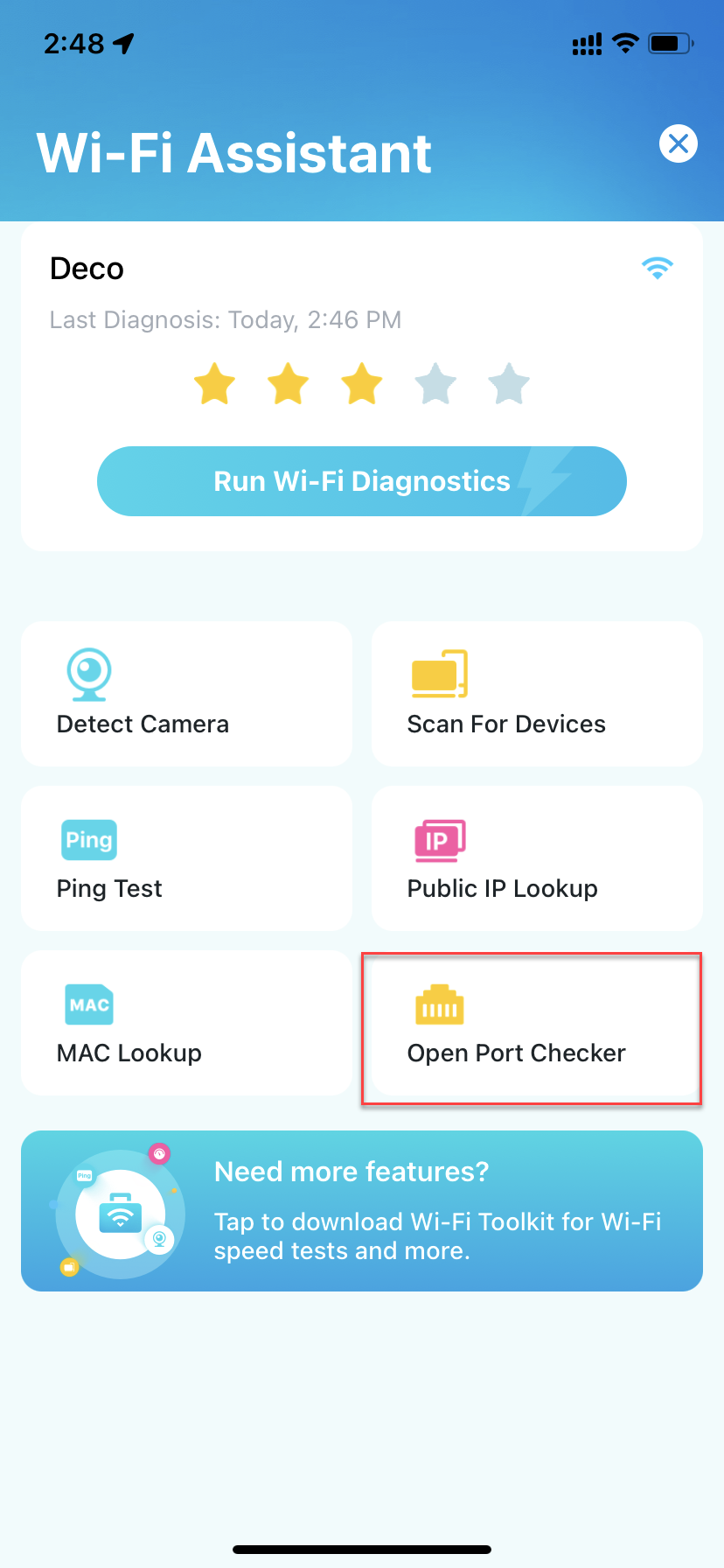Locate Open Port Checker on the Wi-Fi Assistant page