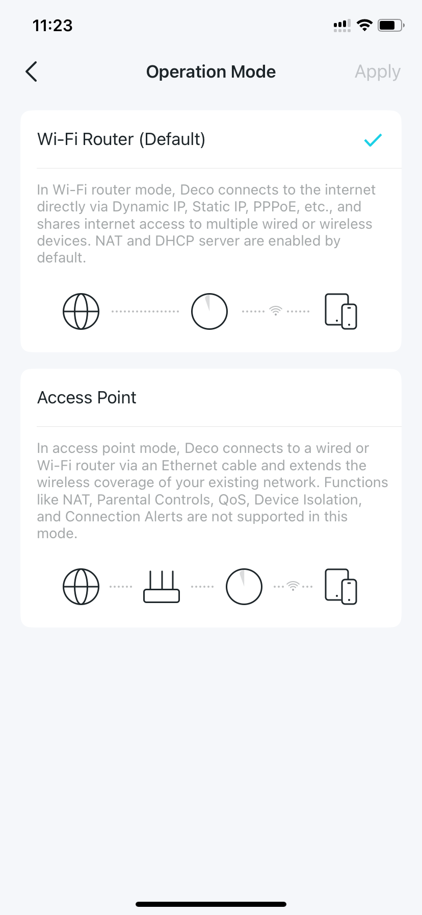 Operation Mode settings page