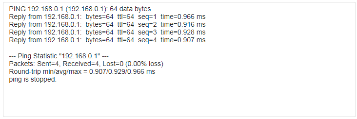 A screenshot displaying the results of a network ping test to the IP address 192.168.0.1. The results show that 4 packets were sent and received successfully with 0.00% loss, along with minimum, average, and maximum round-trip time statistics.