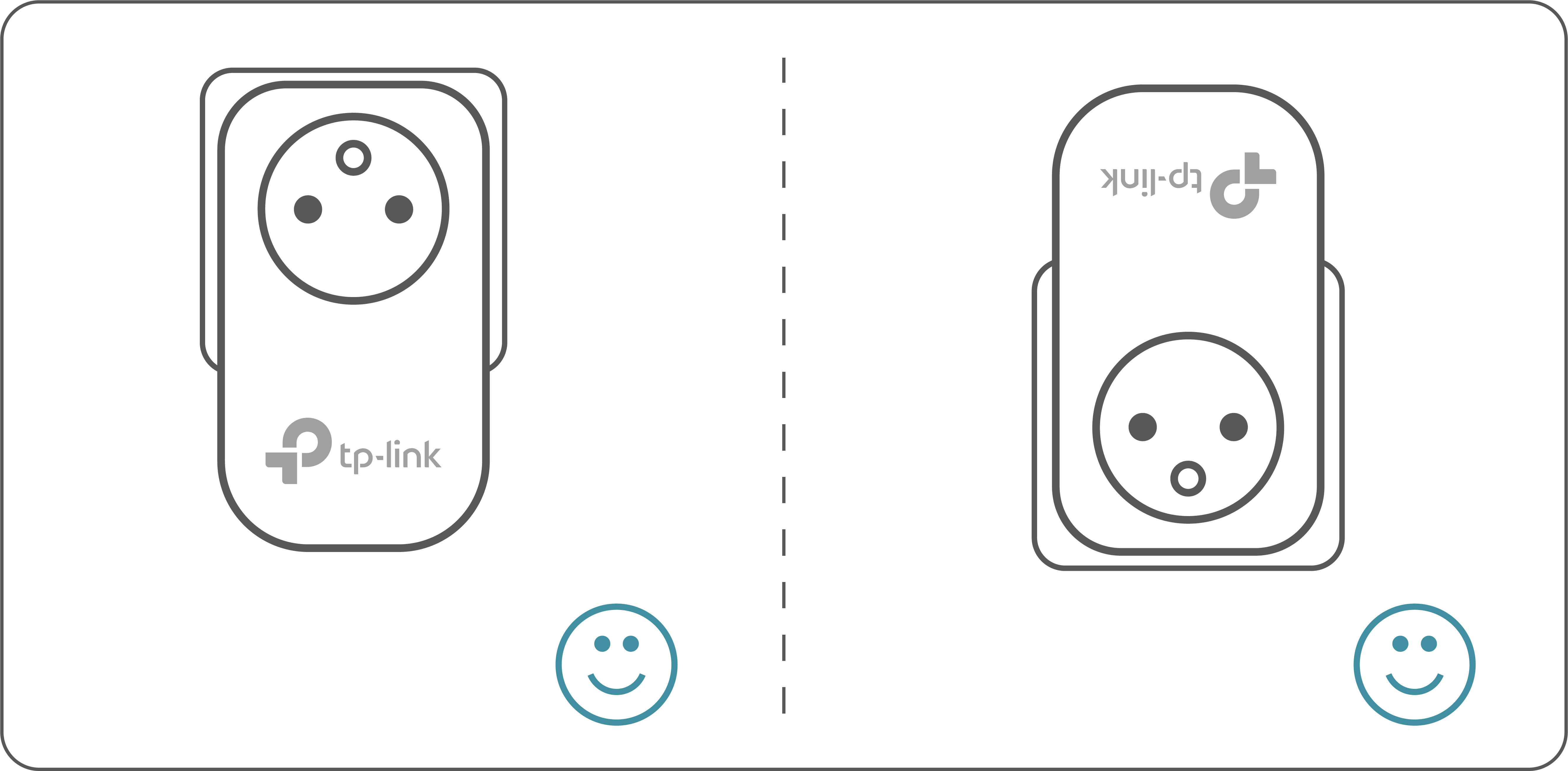 A split-frame illustration providing installation instructions for a powerline adapter. The left side, labeled "Wall Outlet" with a blue smiley face icon, shows the adapter plugged directly into a wall socket, while a power strip is plugged into the adapter's passthrough socket. The right side, labeled "Power Strip" with a grey sad face icon, shows the adapter plugged into a power strip, indicating this is an incorrect setup.