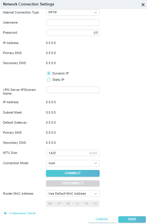 The PPTP internet connection settings page