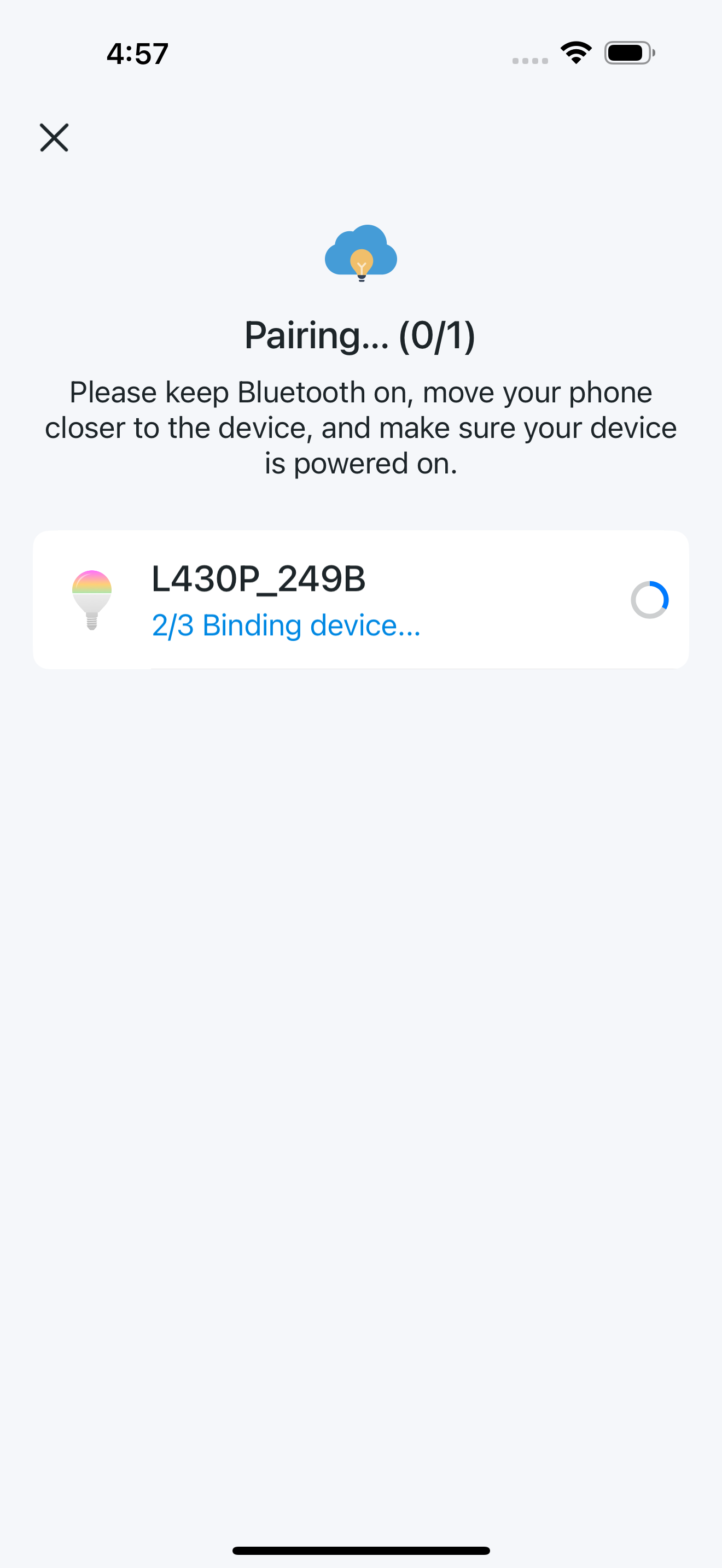 The real-time progress of pairing the Tapo L430P is displayed in the Tapo app
