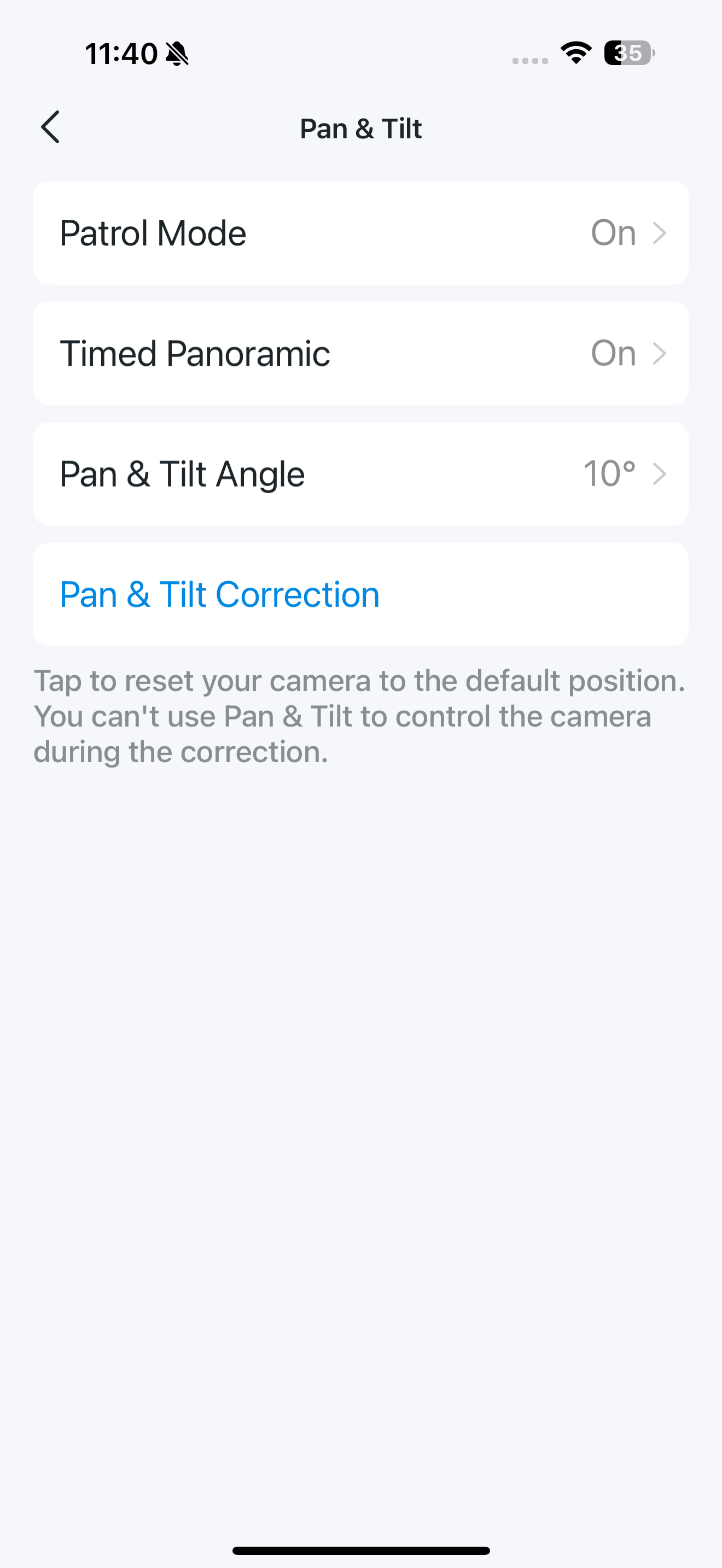 Pan & Tilt page in the app