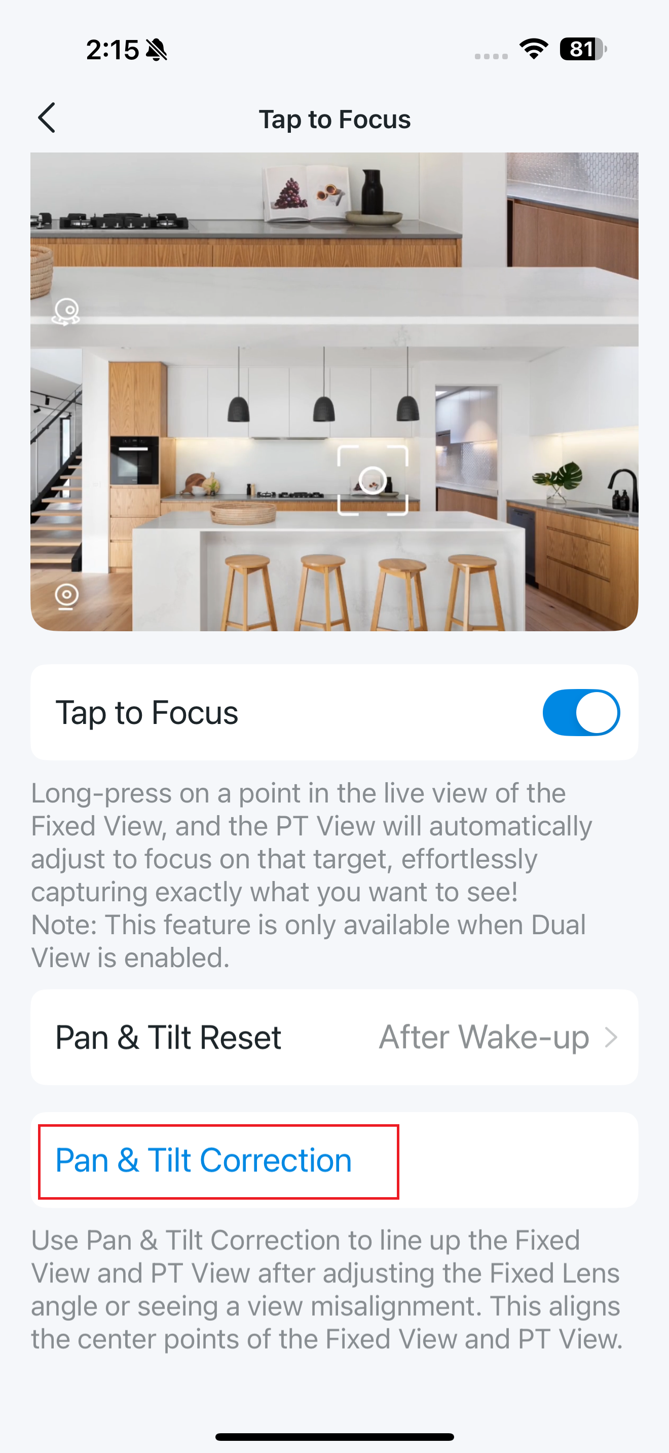 Pan and Tilt Correction button