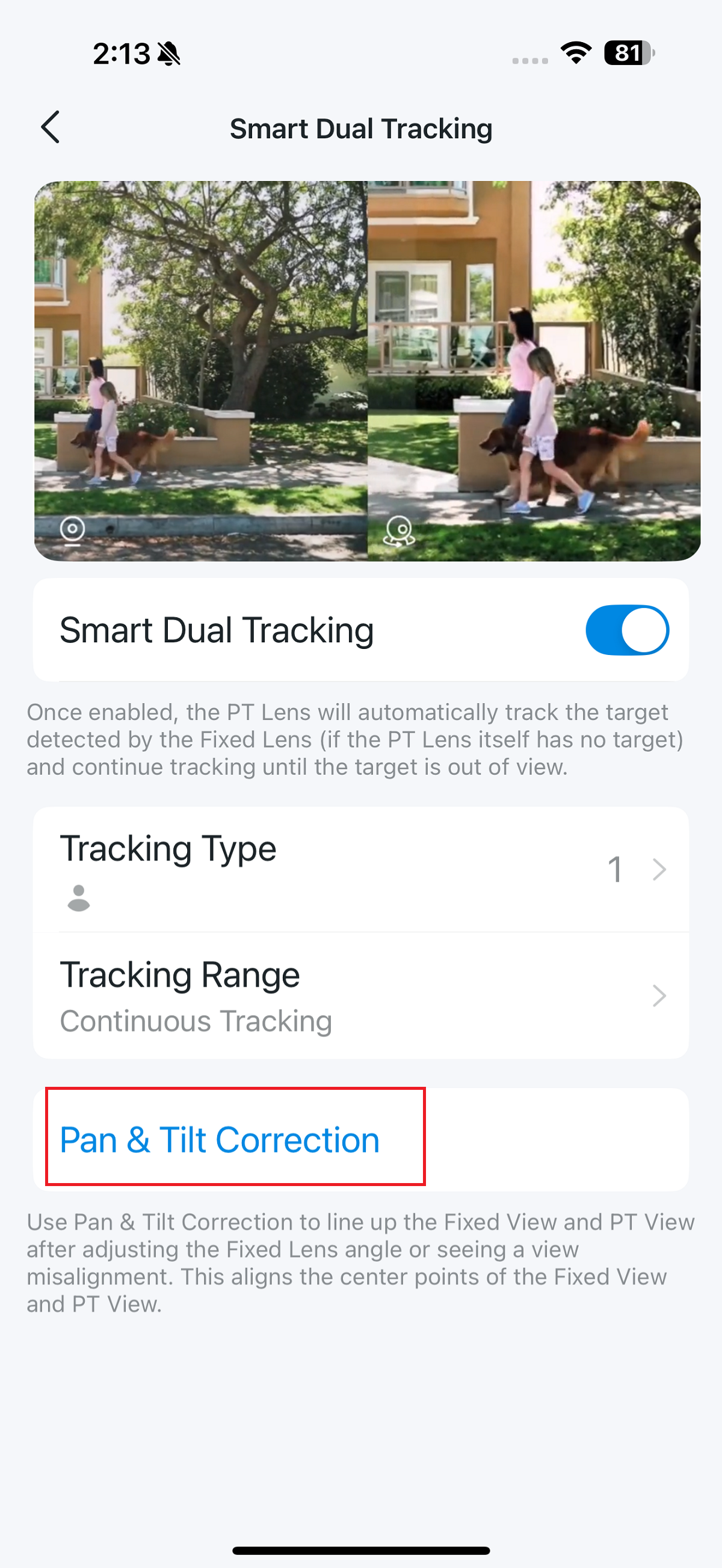 Pan and Tilt Correction button