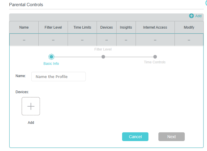 Click add button to create a parental controls profile, and enter basic information