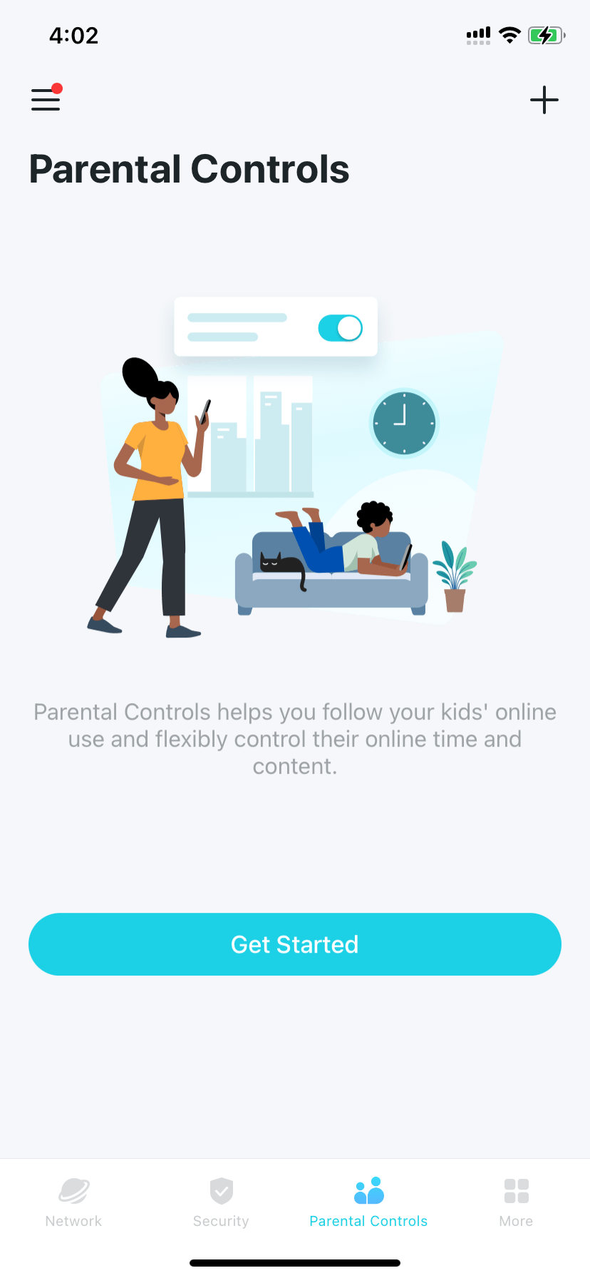 Locate the Get Started button on the Parental Controls homepage 