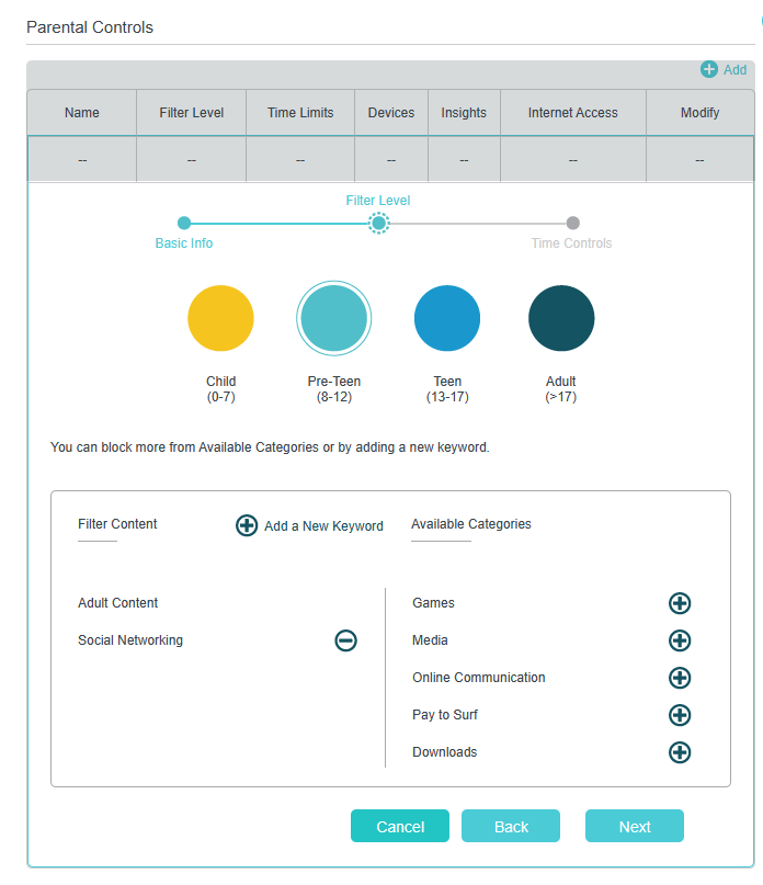 Select filter content and add blocking key words for the profile