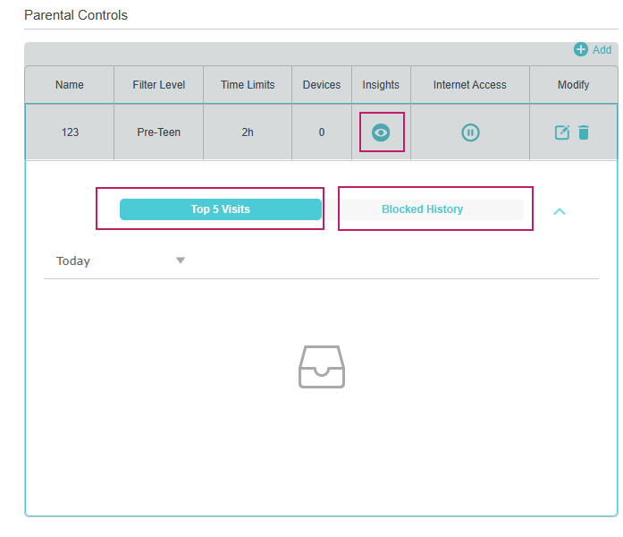 Parental Controls dashboard, showing a specific profile's Insights with tabs for Top 5 Visits and Blocked History to monitor internet activity.