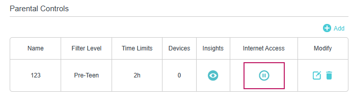 Parental Controls page, showing a pause button to manage internet access.
