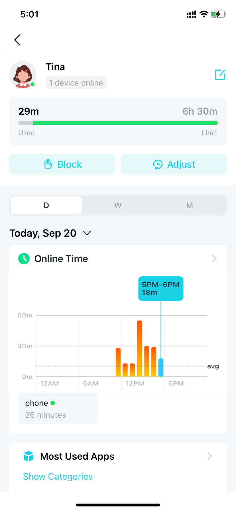 The profile settings page with detailed online usage data