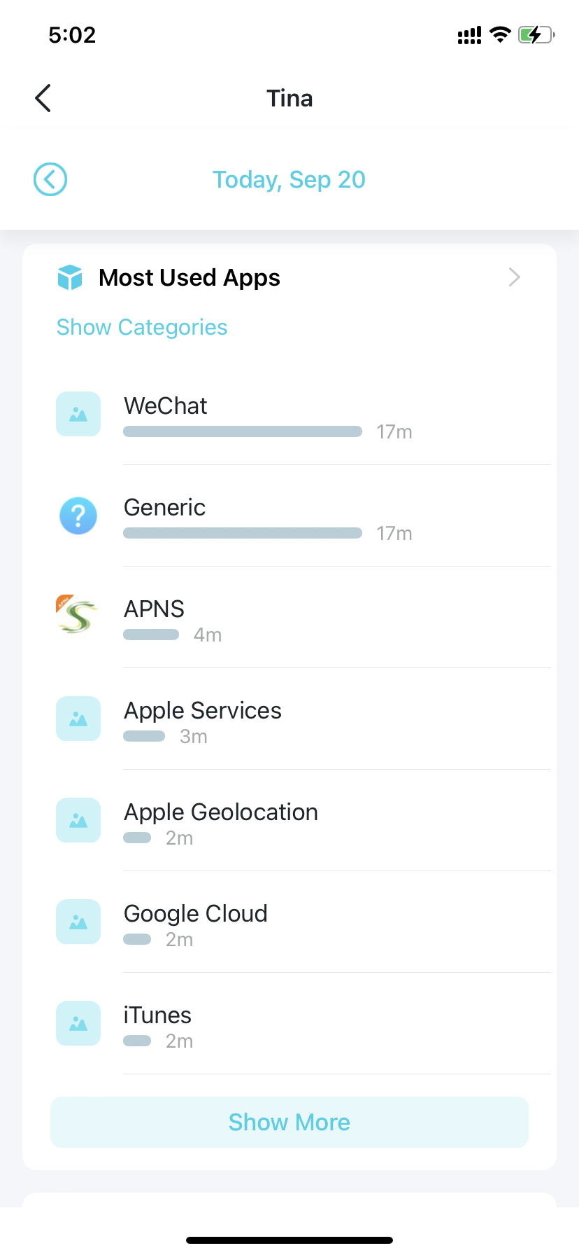 The profile settings page with most used apps data