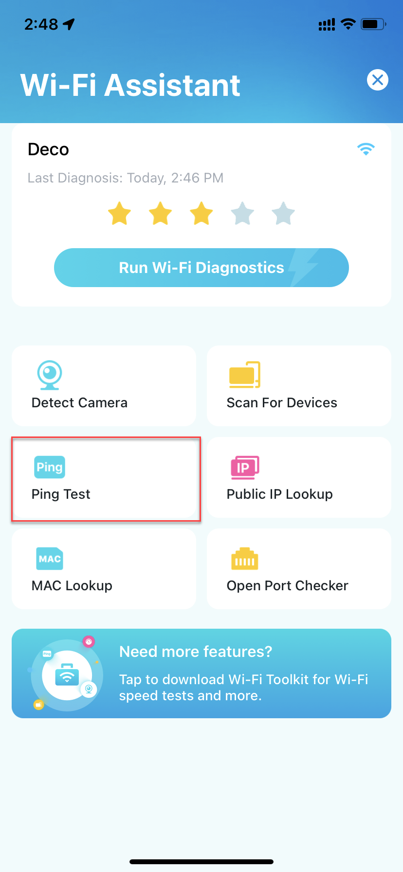 Locate Ping Test: on the Wi-Fi Assistant page