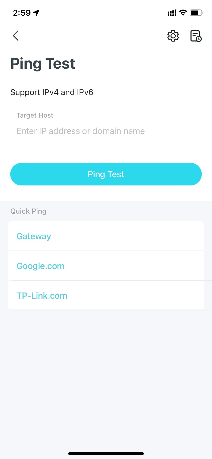 Ping Test page for entering ping to test