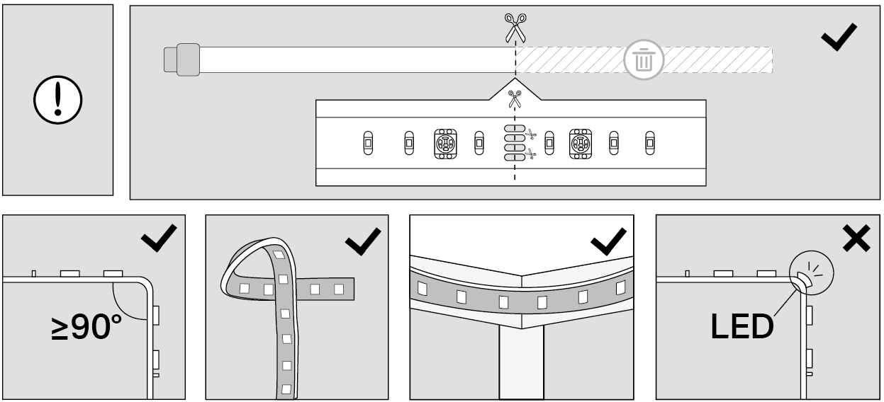 The image of installation tips shows you can only cut the excess length along the cutting lines of the light strip after unplugging it, you should avoid any sharp corners or turns behind the LED beads.
