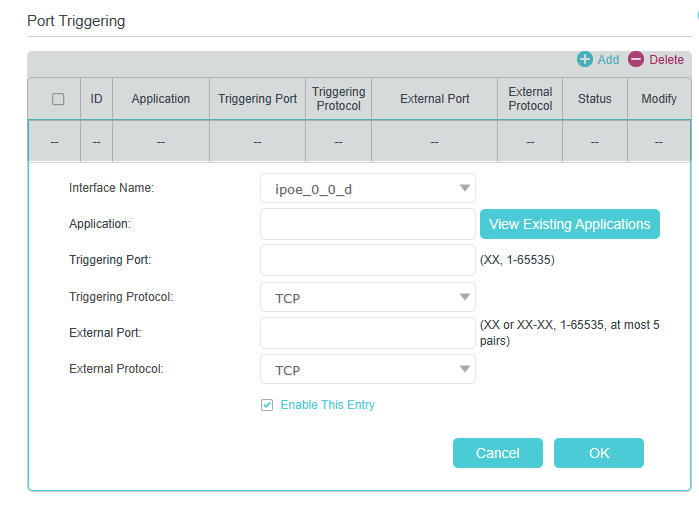 Port Triggering configuration page, displaying a form to set Triggering/External Ports and Protocols for specific applications