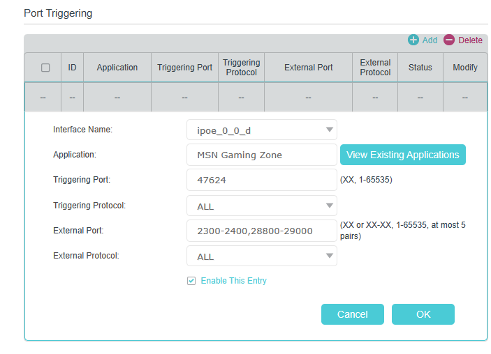 Port Triggering settings page, taking MSN Gaming Zone application as an example