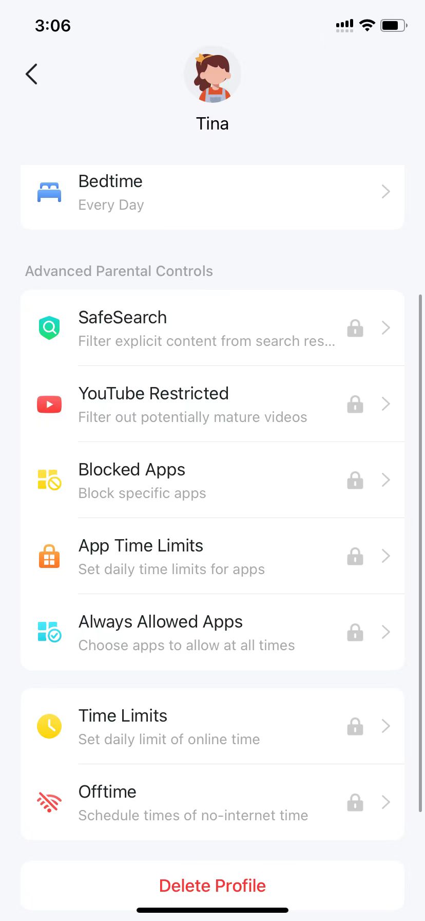 the online activities available for the profile and the delete button at the bottom of the page