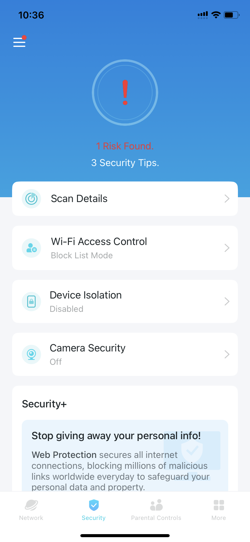 The Security page in Deco app