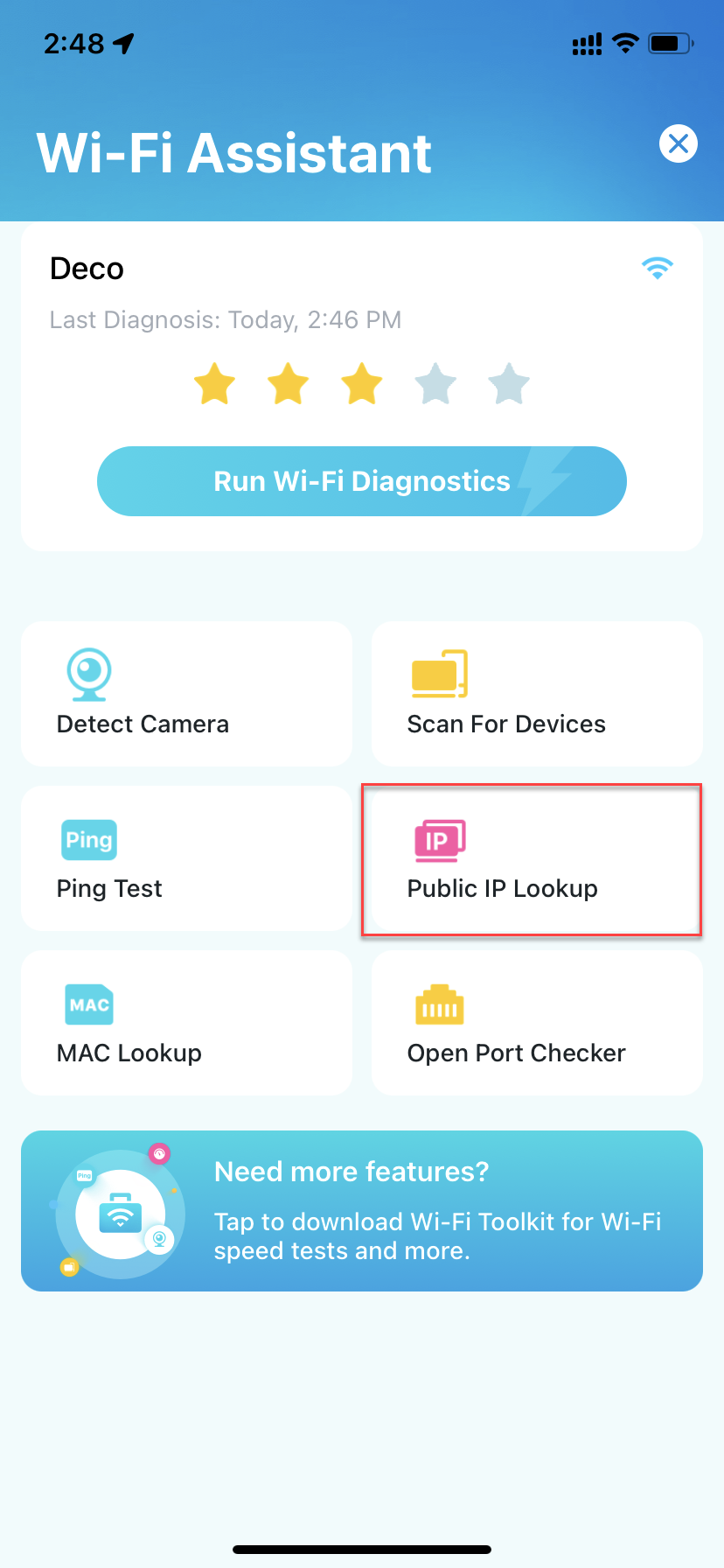 Locate Public IP Lookup on the Wi-Fi Assistant page