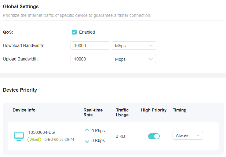 A screenshot of a network configuration page titled "Global Settings" and "Device Priority" for QoS (Quality of Service). The settings show that QoS is Enabled, with download and upload bandwidths set to 10000 Mbps. A connected wired device named "18503634-BG" has its high priority toggle set to "On" with a timing of "Always".