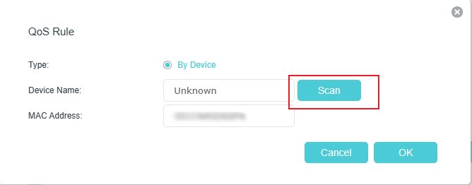 QoS rule setting page with a scan button next to the device name box