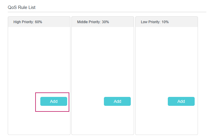 QoS list table, showing three level priority with add buttons
