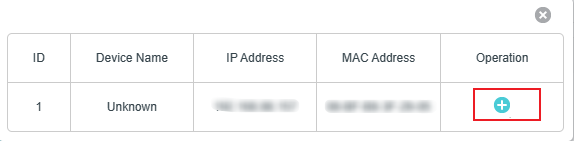 Device selection table, featuring columns for ID, Device Name, IP Address, and MAC Address, with an "Add" button under Operation column