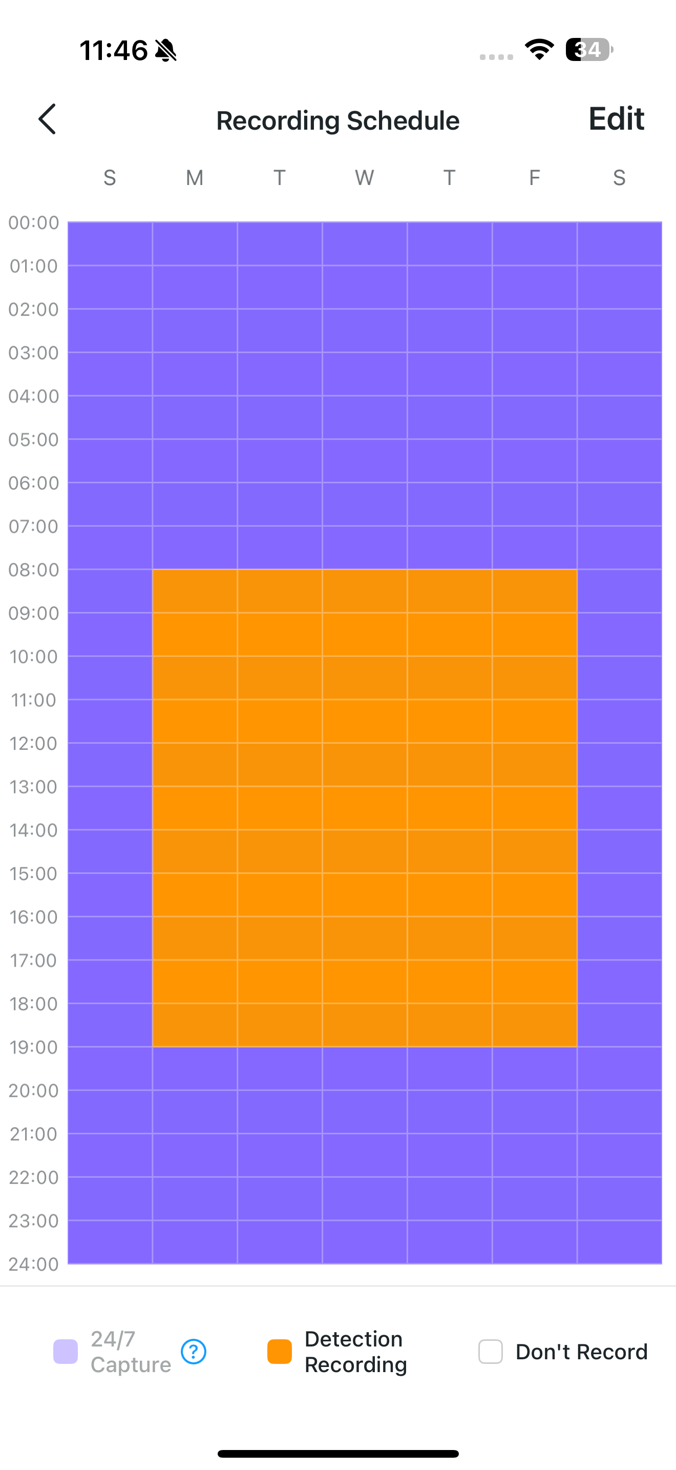 Recording Schedule page in the app