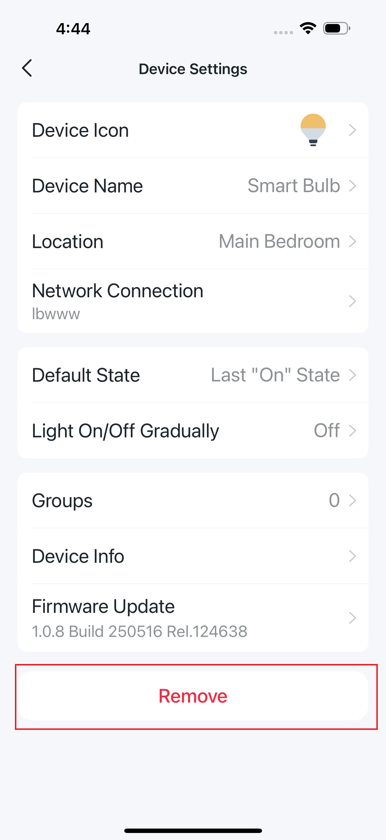 Tap Remove at the bottom of the Device Settings page in the Tapo app