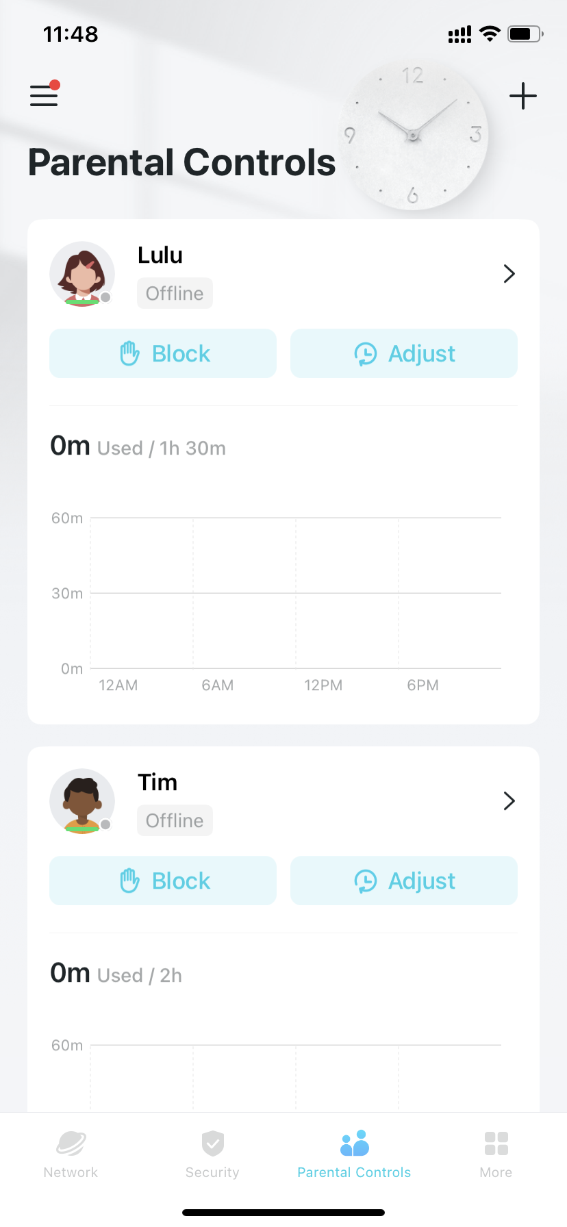 Profile list on the Parental Controls page